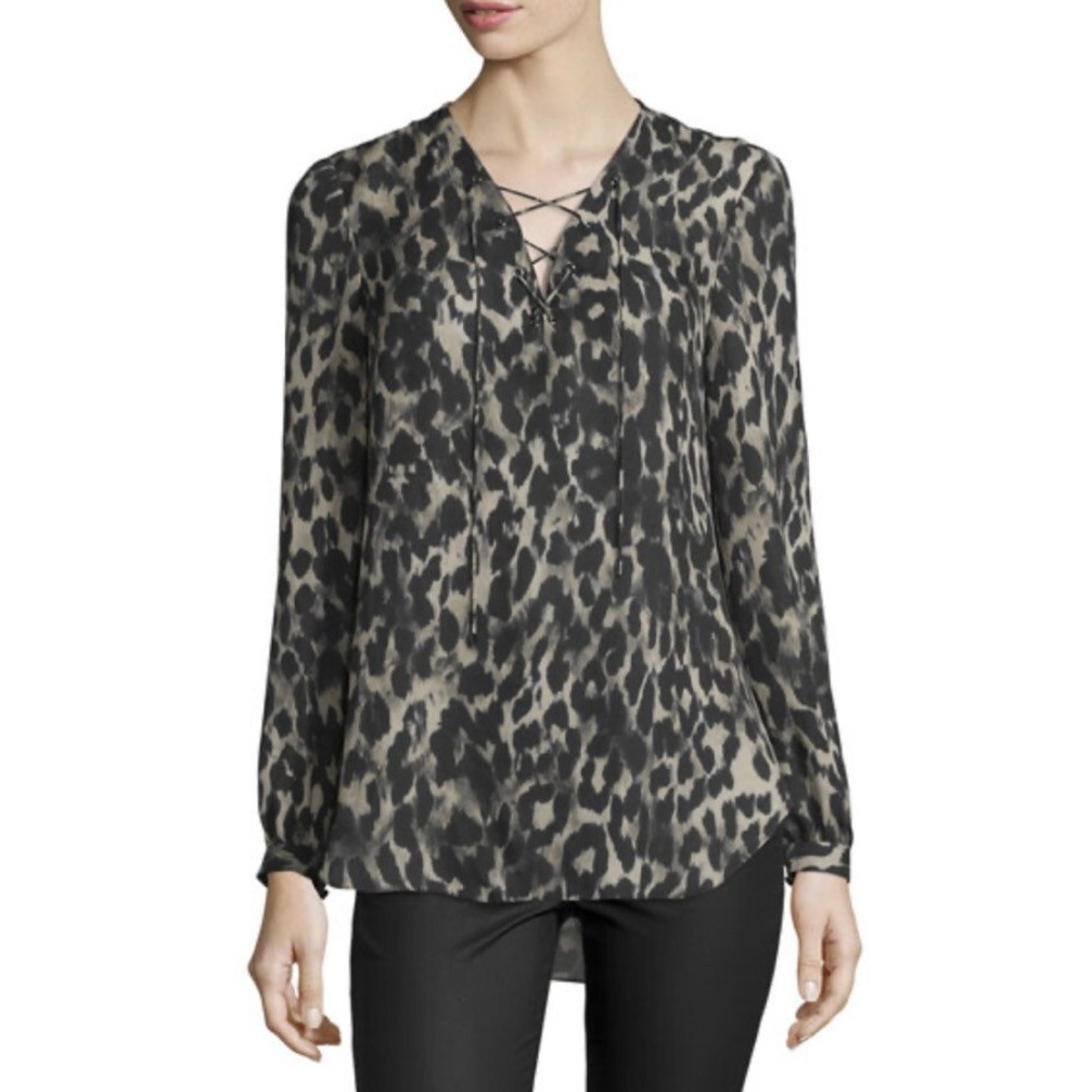 Haute Hippie Leopard Print Silk Blouse Lace Up V-Neck Long Sleeve Top 60801119GG - Picture 1 of 7